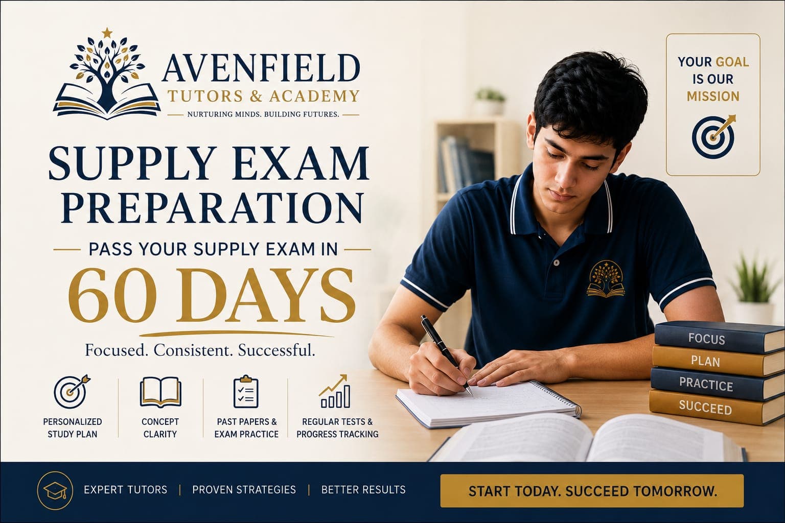 Illustration of a student studying at a desk with a calendar showing 60 days, representing a structured exam preparation plan